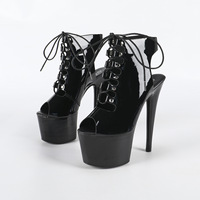 Chaussures de pole dance pour femme en gros, 17 cm, en PU, à lacets, noires, pour club, spectacle, talons hauts, sandales plateforme, talon personnalisable