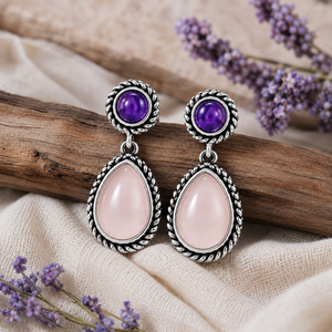 Orecchini pendenti vintage bohémien a goccia d'acqua, colore rosa viola, con bordo floreale, gioielli alla moda per donna - Product Image 2