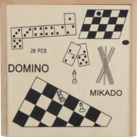 Ensemble de jeux en bois économique avec échecs, Mikado, dames et dominos - Cadeau promotionnel original pour les soirées de jeux à la maison et en voyage