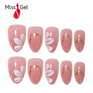 Miss Gel 32 <span class=keywords><strong>Uñas</strong></span> Postizas <span class=keywords><strong>Color</strong></span> <span class=keywords><strong>Rosa</strong></span> Empolvado, Medianas, Almendradas, con Diseño Floral Blanco y Líneas Doradas, de Plástico ABS para Dedos - Product Image 1