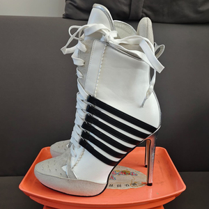 Sports Styles Women Stiletto Thin Heels Short Boots Big Size 47 Front Lace up Stripes Shoes Wide Fit <b>Ankle</b> Patchwork <b>Booties</b> - Product Image 6