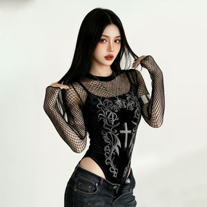 Body de Punto y Terciopelo Impermeable para Otoño, Estilo Glamuroso y Sexy, Diseño Gótico con Detalles Recortados para Mujer - Product Image 2