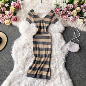Vestido casual de punto a rayas con cuello en V y manga larga para mujer, vestido tubo midi de cintura alta, vestidos sexys para mujer, ropa al por mayor - Product Image 3