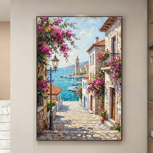 Pintura al Óleo Original, Estilo Mediterráneo, Realista, con Paisaje de Aldea y Flores, Arte de Pared Hecho a Mano sobre Lienzo - Product Image 3