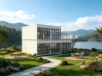 Maison conteneur modulaire préfabriquée à deux étages, respirante, avec fenêtres entièrement vitrées et balcon extérieur, idéale pour parcs de vacances en bord de lac