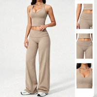Ensemble de yoga 2 pièces pour femme, haut ajusté à col halter et dos nu et pantalon large à taille repliable