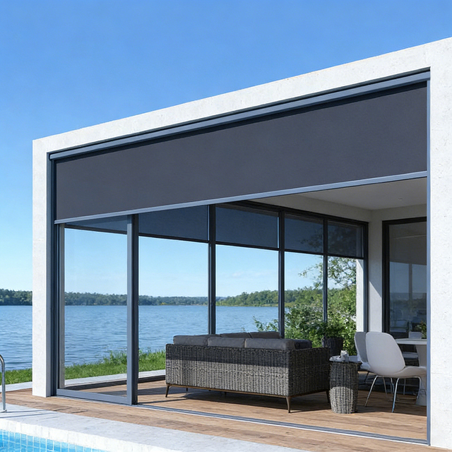 Automatic Outdoor Blinds Electric Motorized Windproof Roller Blinds Garden Patio Balcony with Zip Track Function Roller Blinds