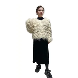 Women's Sweet Style Breathable round Neck Jacket with Thickened Genuine Fur Featuring White Raccoon Rabbit Fur Strips Splicing