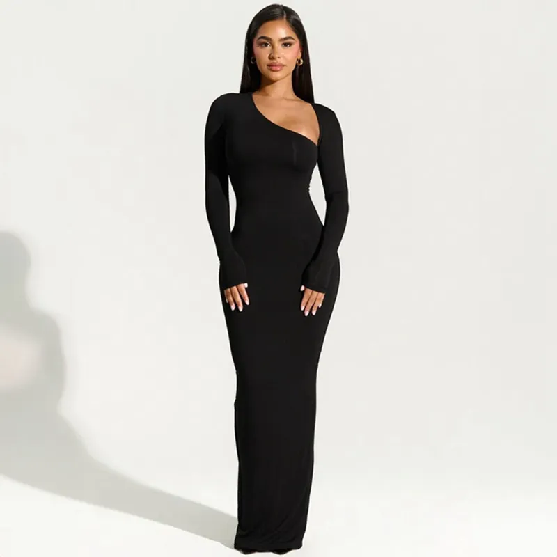 Channel Trendy 2023 cuello asimétrico manga larga negro mujer señora elegante largo vestidos de invitados de boda con abertura en la espalda