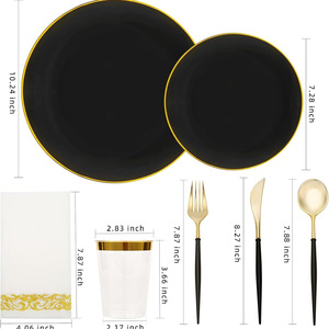 Ensemble de vaisselle jetable moderne minimaliste en plastique rigide de 175 pièces, assiettes noires avec bordures dorées, couteaux, fourchettes, cuillères, verres à vin - Product Image 5