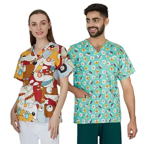 Hot Christmas Xmas Tops Printed Christmas Tops Scrubs Printed Tops Customized Medical Uniforms 100% Cotton Woolen for Women