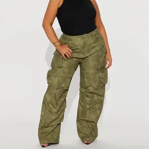 wholesale streetwear 100% Polyurethane summer loose pockets leather cargo pants woman