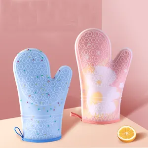 Oven Mitts Set with Transparent Clear Silicone Shell Printing Cotton Lining Kitchen Oven Gloves Pot Holder for cooking