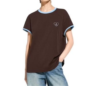 Women's Brown Cotton T-Shirt With Blue Trim And Heart Embroidery Casual Loose Fit Crew Neck Short Sleeve Knitted Top - Product Image 1