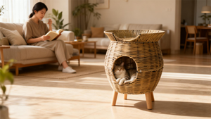 Komfortables Erhöhtes Katzenbett Haustier-Katzenhaus Gemütliches Bett für Pelzige Freunde Rattan-Kunsthandwerk Katzenhaus - Product Image 2