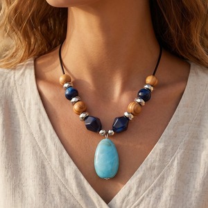Boho Leather Cord Necklace Wooden Bead Mixed Colors Agate Pendant Women Casual Vintage Neck Ornament - Product Image 5