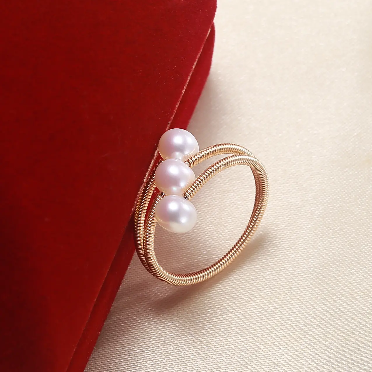 Cincin mutiara manik bulat putih alami air tawar cincin multilapis dapat diubah perhiasan mode emas 14K untuk wanita