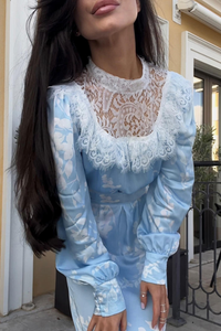 <span class=keywords><strong>Abito</strong></span> <span class=keywords><strong>lungo</strong></span> in <span class=keywords><strong>raso</strong></span> <span class=keywords><strong>azzurro</strong></span> floreale con colletto in pizzo, elegante vestito a sirena a maniche lunghe da donna - Product Image 4