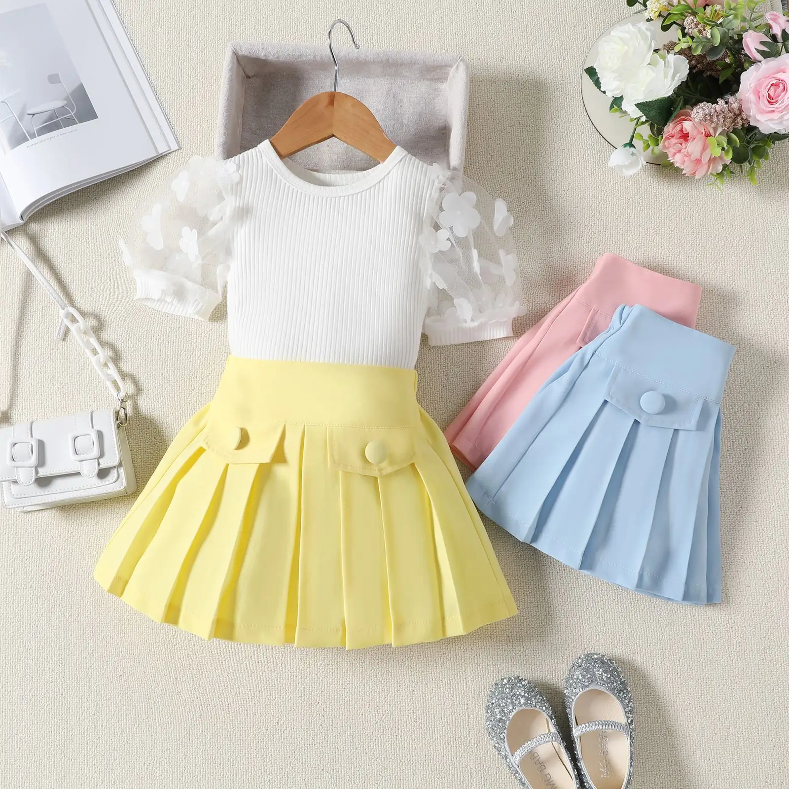 Summer new girls fashion gauze sleeve top + confection-colored pleated skirt set girls clothing set