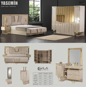 Yasemin Elegante Slaapkamer Set 5 Stuks Ivoor Geschilderde Kleur Verlicht Hoofdeinde Queen Size Bed Opbergsysteem Hot Verkoop