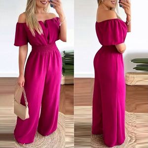 <b>Women</b> Slash Neck High Waist Wide Pants <b>Overalls</b> V-Neck Short Sleeve Summer Casual Jumpsuits - Product Image 3