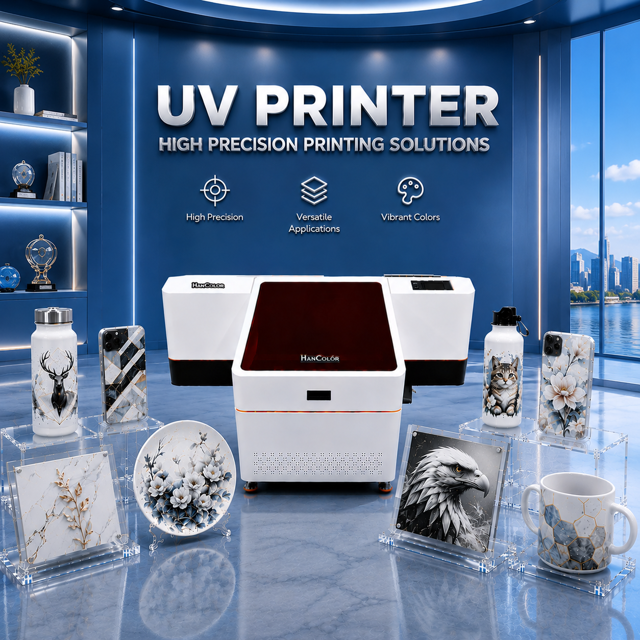 Flatbed UV Printer HC-6042 - 60x42cm dual-head UV flatbed printer for medium-format rigid media and 3D effects