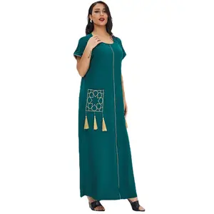 2024 new arrival Summer women solid color short sleeve long gown Muslim Middle East Dubai tassel dress