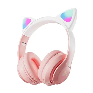 2023 new design cute cat ear LED flash light wireless bt 5.3 macaron foldable headphone for kids