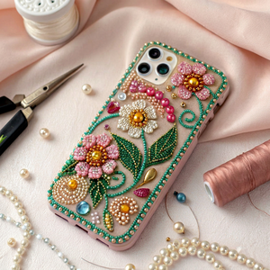 Nouvelle arrivée, étui de téléphone pour femmes, design de créateur, en coton, avec perles, luxueux, fait main, brodé, avec sac transparent - Product Image 1