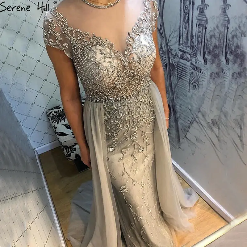 Dubai Style Kristall Kurzarm Grau Abendkleid 2021 Serene Hill LA60960 Lady Einfache Fischschwanz Lange Party kleider Für Frauen
