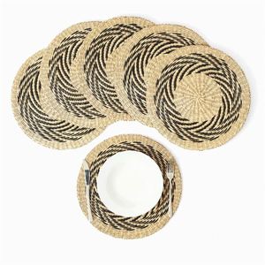 Ensemble de 4 sets de table <span class=keywords><strong>beige</strong></span>, sets de table perlés, 6 couverts de style campagnard, panier tissé, bordure à pompons, rotin, macramé rond avec support - Product Image 1