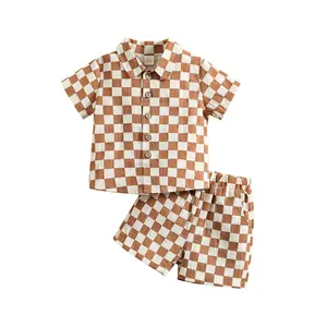 Cotton Linen Toddler Baby Boy Summer Outfit Sets Shorts Checkered Kids Clothing