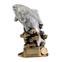 Trophée de pêche Weivista en résine argentée antique sur base dorée 23 cm