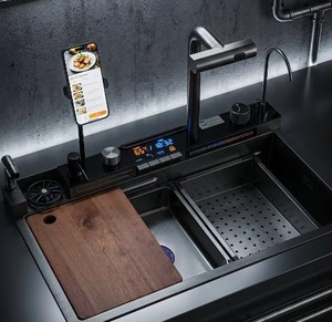 Fregadero de <span class=keywords><strong>Cocina</strong></span> Inteligente con Cascada, Acero Inoxidable 304, Estación de Trabajo Multifunción con Lavavasos y Soporte para Teléfono, Venta al por Mayor OEM ODM - Product Image 4