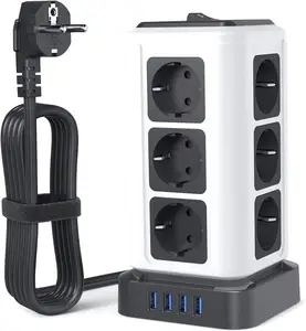 Smart European standard 3-layer 12-bit socket vertical British standard USB lightning protection plug-in board tower socket