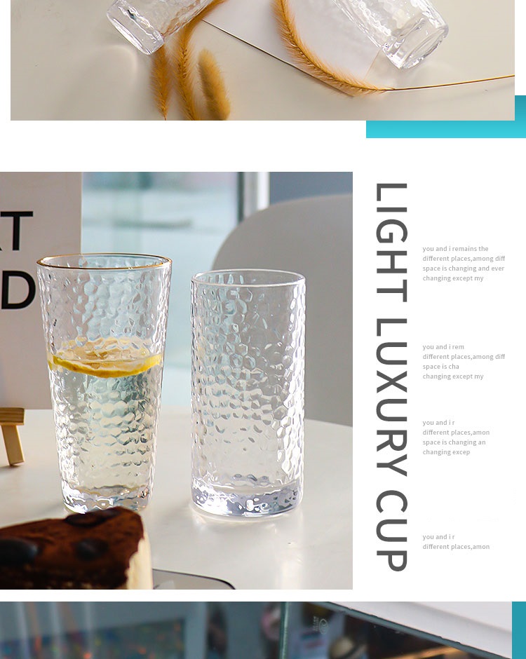 Multi size creative high capacity crystal drinking glasses Whiskey glass cups hammer pattern glass water glasses with gold rim