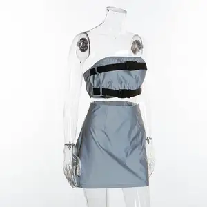 Clothing Suppliers Wholesale Women Reflective Tube Cropped Top and Skirt Set Sexy Fashion Cropped Sleeveless Suit