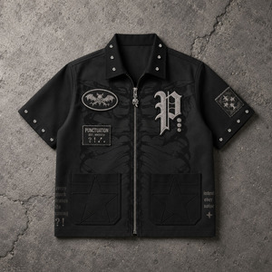 T-Shirt <span class=keywords><strong>da</strong></span> Uomo di Alta Qualità Personalizzata, Stile Vintage Streetwear, Oversize, Manica Corta, con Cerniera, Patch Ricamate, Strass e Taglio Squadrato - Product Image 1