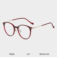 Monture de lunettes ronde transparente rouge bordeaux tendance avec coins en métal doré, légères, pour femmes, anti-lumière bleue