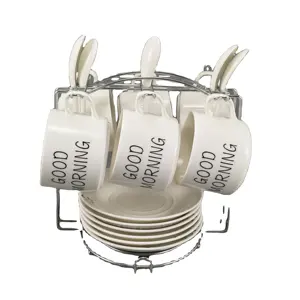 best selling 6 units in one cup and saucer set porcelain with metal rack