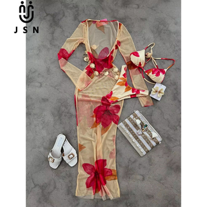 JSN 2025 New Designer Three Piece <strong>Bikinis</strong> Set with <strong>Long</strong> <strong>Sleeves</strong> Cover up Print Halter Triangle with Thongs <strong>Bikini</strong> for Women - Product Image 4