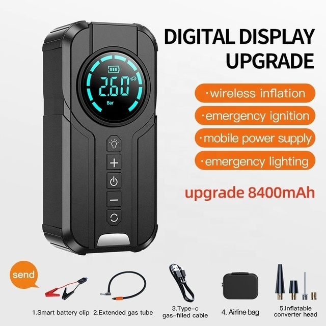 New 12V 8000mAh ABS Tire Inflator Portable Air Compressor Digital Pressure Gauge Tire Pressure Monitor Car Smart Clamp Jump