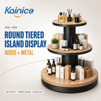 Kainice Runder 3-stufiger Holz-Metall-Warenpräsentationsständer Runder Verkaufsinsel-Tisch für Beauty- und Duftboutiquen