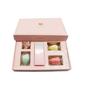 Presente personalizado embalagens caixas luxo logotipo personalizado papelão maquiagem esponja define papel rosa para beleza cosméticos pó sopro aceitar