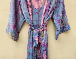 Vestido Kimono Largo de Seda India Vintage con Estampado Floral, Transpirable y Suave, Estilo Hippie Bohemio para Mujer, con Cintura Elástica - Product Image 6