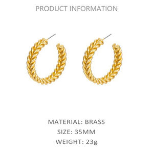 2025 New Release 18K <b>Gold</b> <b>Plated</b> Brass Metal Minimalist Geometric Textured Braid C <b>Hoop</b> Stud <b>Earrings</b> Classic Style - Product Image 6