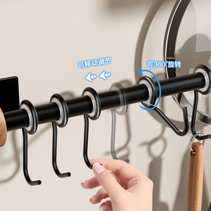 Wall Mounted Stainless Steel <b>Kitchen</b> <b>Hooks</b> Walnut Wood Hanging Rods For Spatula Spoon Storage Rack Punch Free Installation - Product Image 3