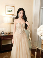 Robe de soirée longue personnalisée OEM/ODM, col en V, champagne, sans bretelles, en tulle orné de strass, pour anniversaire, toast ou mariage