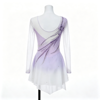 Robe de patinage artistique et de danse pour enfants et adultes, dégradé blanc lavande, manches longues en maille transparente, strass, coupe diagonale, pour compétition et spectacle
