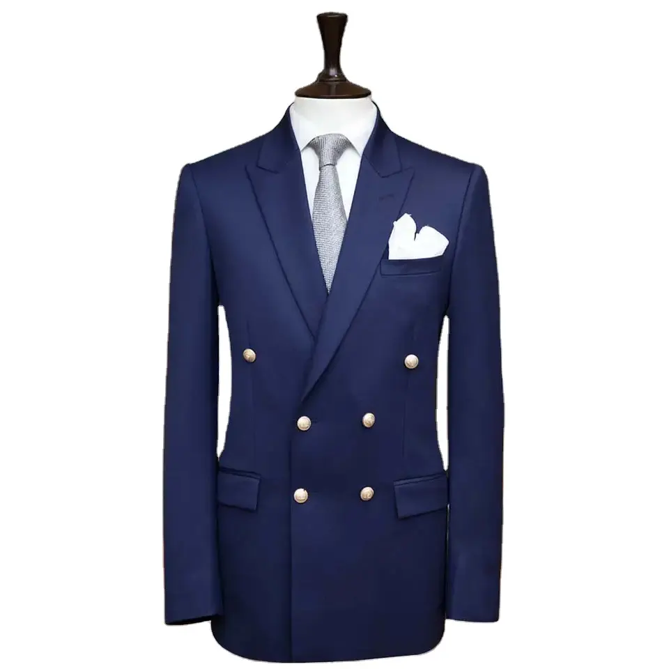 New Fashion Dark Blue Worsted Fabric Double Breasted Shawl Lapel Double Welt Pocket Men Blazer Jacket Business Men's Suit